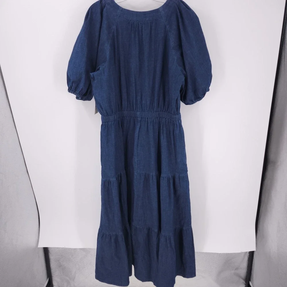 Anne Klein Jeans Puff Sleeve Tiered Denim Midi Dress Dark Wash Womens Size XL - Picture 9 of 12